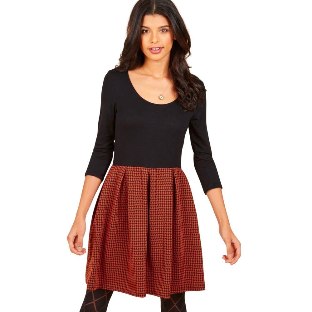 Fervour Dress Anthropologie Modcloth Womens Large Black Orange Houndstooth USA